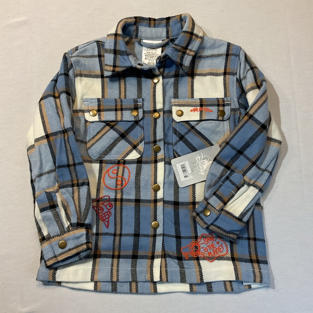 Disney Blue Flannel Button Up Turning Red Size 4, Collar Long Sleeve, Stiching